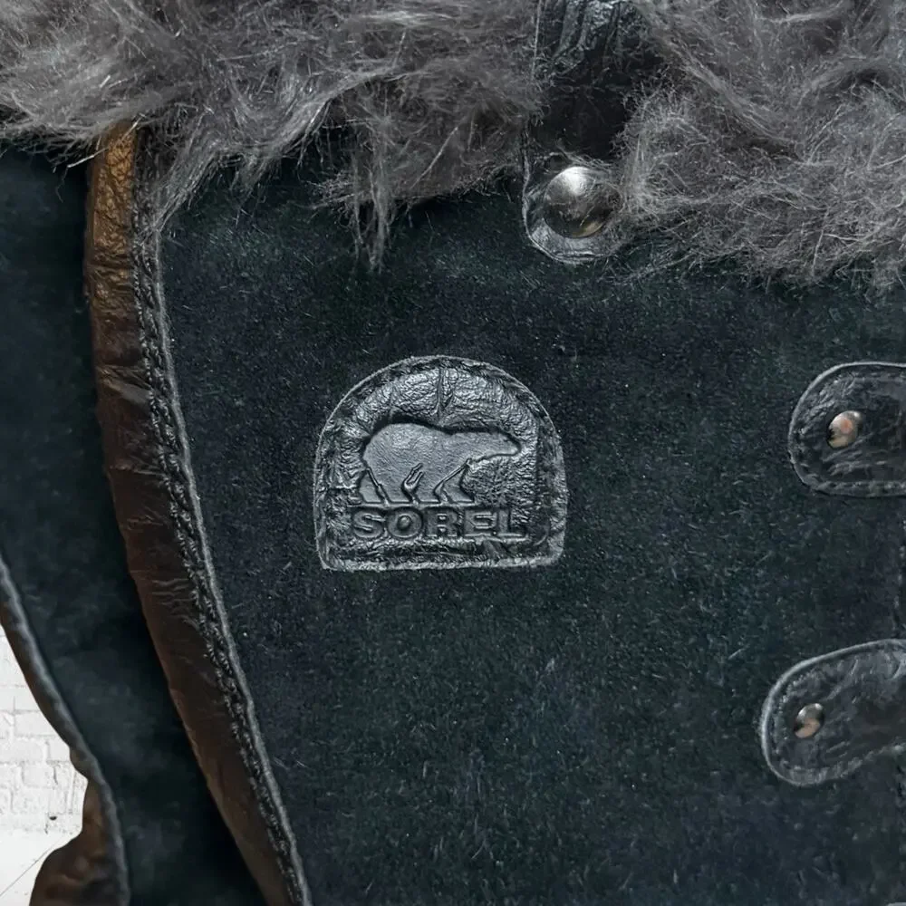 Sorel Joan of Arctic Black Boots Sz 7 Womens Cold Weather Lace Up Faux Fur‎ Trim